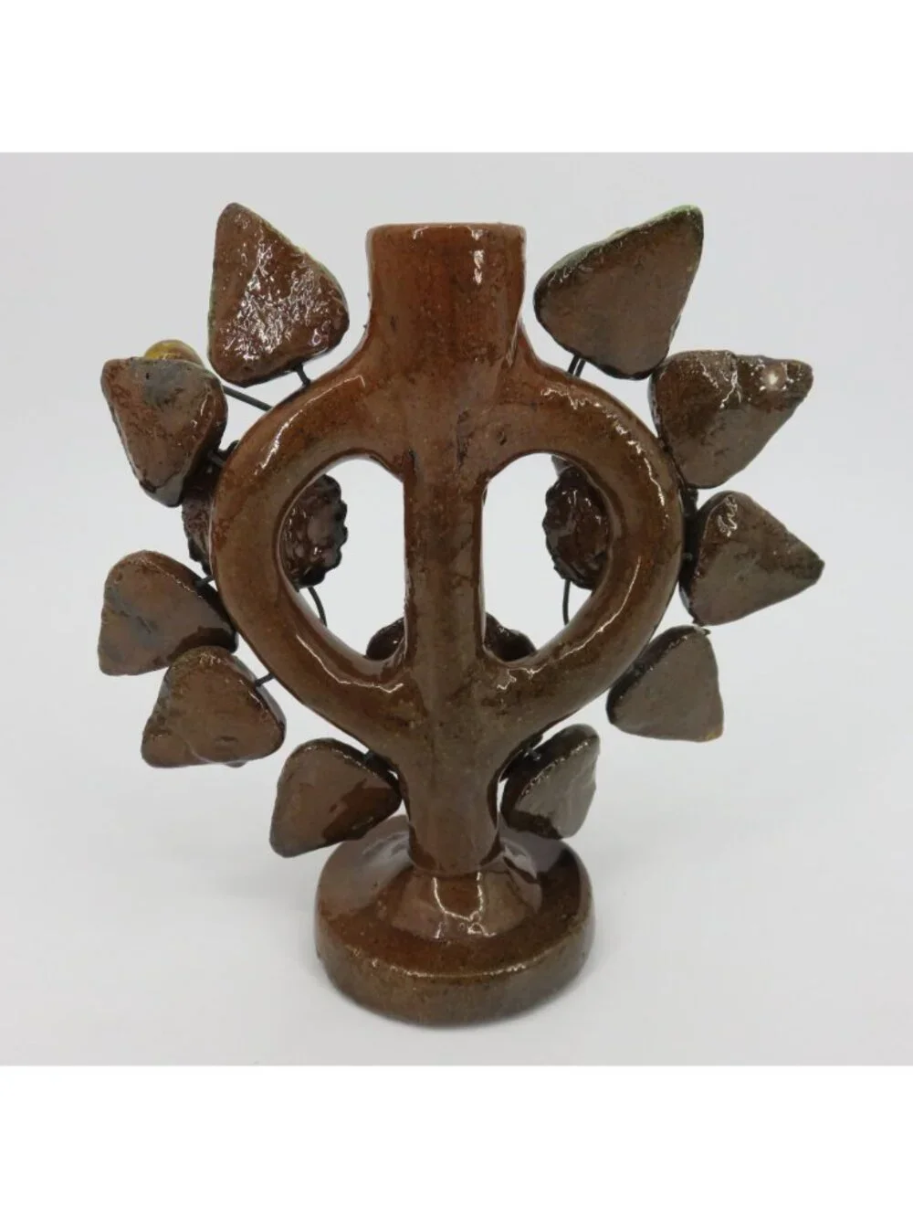 Tree Of Life Pottery Single Candleholder Candelabra Mexican Folk Art Flower Leaf
